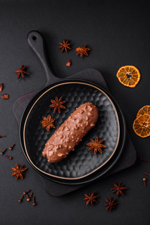 Delicious fresh eclair cake or profiterole with chocolate and nuts on a dark concrete backgroundの写真素材