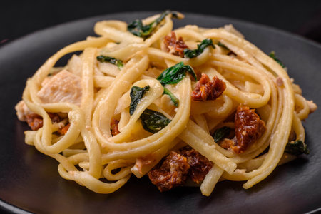 Delicious pasta with spinach, sun dried tomatoes, cheese, onions, spices and herbs on a dark concrete backgroundの写真素材