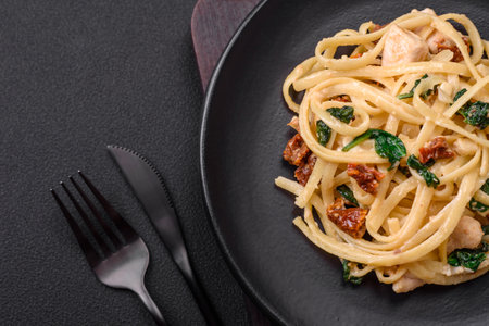 Delicious pasta with spinach, sun dried tomatoes, cheese, onions, spices and herbs on a dark concrete backgroundの写真素材