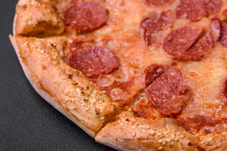 Delicious fresh pepperoni pizza with sesame seeds on the sides on a black concrete backgroundの写真素材