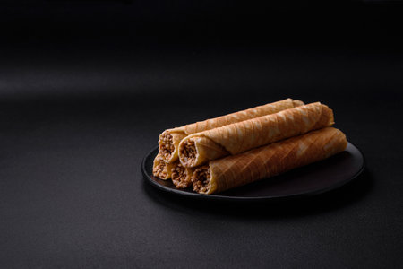 Delicious crispy wafer rolls with cream filling with nuts on a dark concrete backgroundの写真素材
