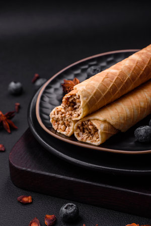 Delicious crispy wafer rolls with cream filling with nuts on a dark concrete backgroundの写真素材