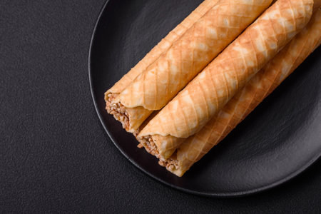 Delicious crispy wafer rolls with cream filling with nuts on a dark concrete backgroundの写真素材