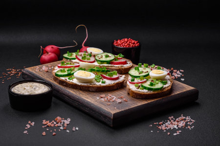 Delicious sandwich or bruschetta with cream cheese radish and green onions on a dark concrete backgroundの写真素材