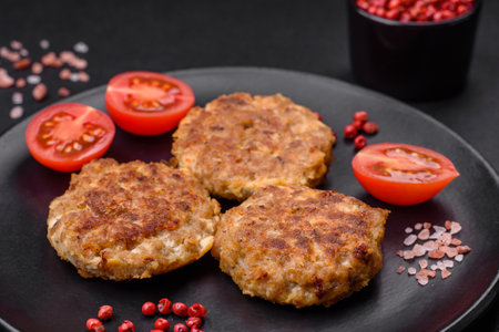 Delicious fresh fried minced fish cutlets with spices and herbs on a dark concrete backgroundの写真素材