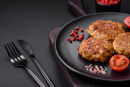 Delicious fresh fried minced fish cutlets with spices and herbs on a dark concrete backgroundの写真素材