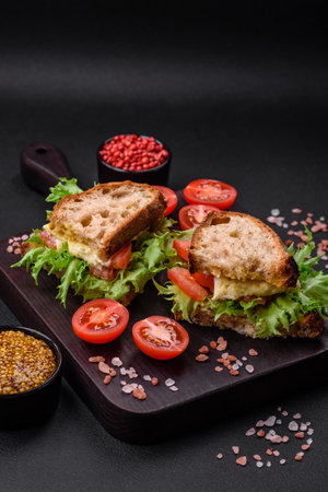 Delicious caprese sandwich with grilled toast, mozzarella, lettuce and tomatoes on a dark concrete backgroundの写真素材