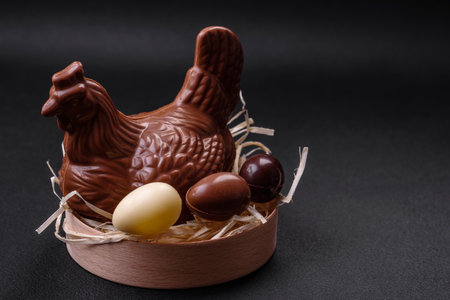 Chocolate Easter hen and eggs in a nest with straw on a dark background. Easter preparationsの写真素材