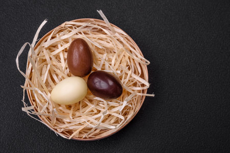 Chocolate Easter hen and eggs in a nest with straw on a dark background. Easter preparationsの写真素材