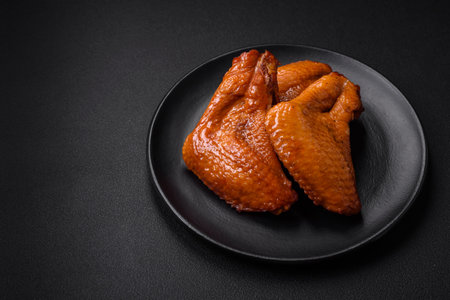 Delicious grilled chicken wings with spices and herbs on a dark concrete backgroundの写真素材