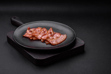 Delicious fresh fried bacon stripes with spices on a dark concrete backgroundの写真素材