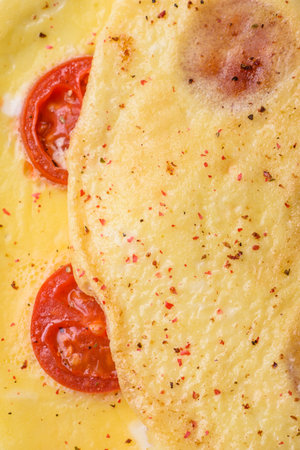 Delicious fresh omelet with cherry tomatoes, bacon, asparagus and spices on a dark concrete backgroundの写真素材