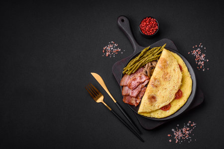 Delicious fresh omelet with cherry tomatoes, bacon, asparagus and spices on a dark concrete backgroundの写真素材