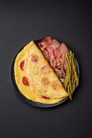 Delicious fresh omelet with cherry tomatoes, bacon, asparagus and spices on a dark concrete backgroundの写真素材