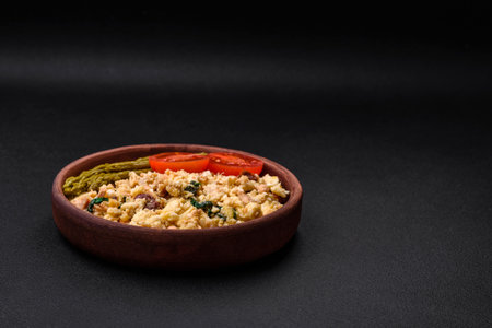 Delicious scramble with salmon, sun-dried tomatoes, spinach, spices and herbs on a dark backgroundの写真素材