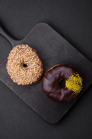 Delicious donut with cream filling and nuts on a dark concrete background. sweet junk foodの写真素材
