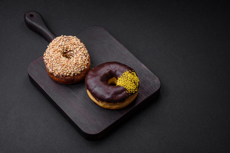 Delicious donut with cream filling and nuts on a dark concrete background. sweet junk foodの写真素材