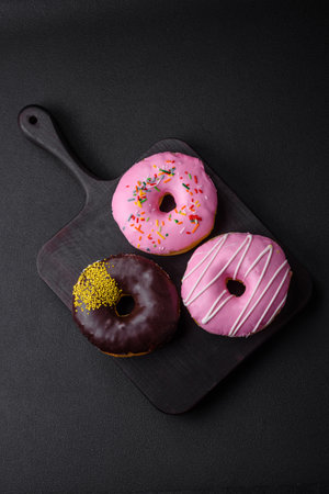 Delicious donut with cream filling and nuts on a dark concrete background. sweet junk foodの写真素材