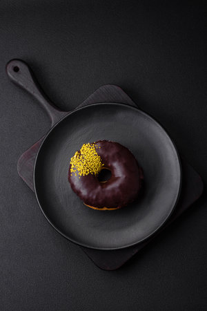 Delicious donut with cream filling and nuts on a dark concrete background. sweet junk foodの写真素材