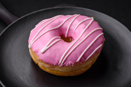 Delicious donut with cream filling and nuts on a dark concrete background. sweet junk foodの写真素材