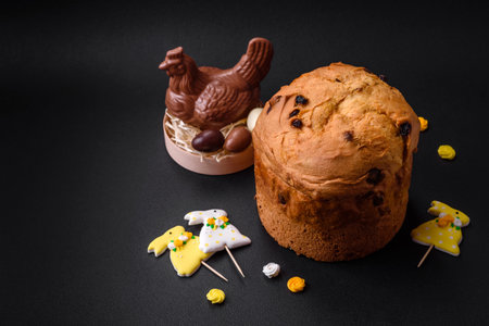 Easter cake or panettone with raisins and candied fruits on a dark concrete background