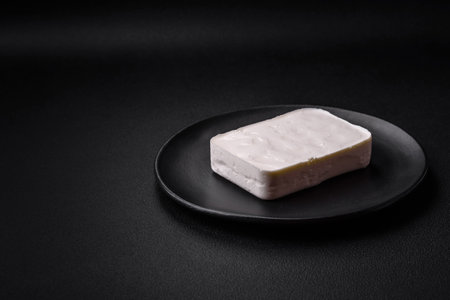 Delicious fresh rectangular shaped feta cheese with spices and vegetables on a dark concrete backgroundの写真素材