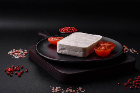 Delicious fresh rectangular shaped feta cheese with spices and vegetables on a dark concrete backgroundの写真素材