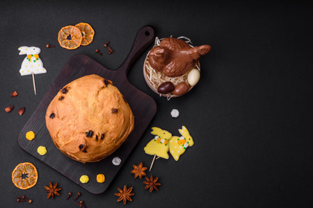Easter cake or panettone with raisins and candied fruits on a dark concrete background