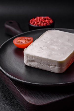 Delicious fresh rectangular shaped feta cheese with spices and vegetables on a dark concrete backgroundの写真素材