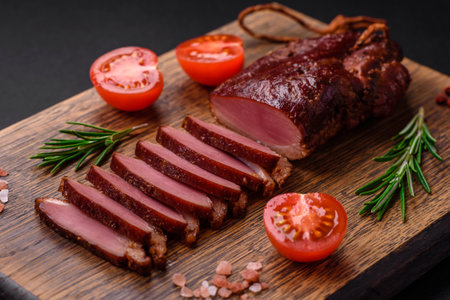 Delicious duck fillet or breast grilled or smoked with spices and salt on a dark concrete background