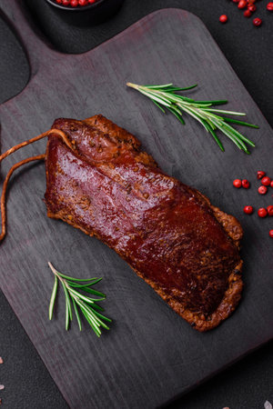 Delicious duck fillet or breast grilled or smoked with spices and salt on a dark concrete backgroundの写真素材