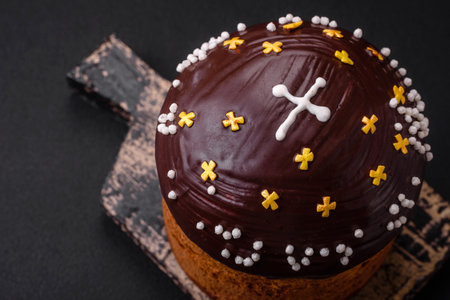 Freshly baked Easter cake or panettone with chocolate coating and raisins inside on a wooden cutting board on a dark concrete backgroundの写真素材