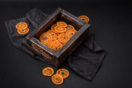 Beautiful Christmas decoration consisting of an old wooden box with dried citrus fruits on a dark concrete backgroundの写真素材