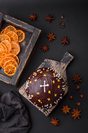 Freshly baked Easter cake or panettone with chocolate coating and raisins inside on a wooden cutting...