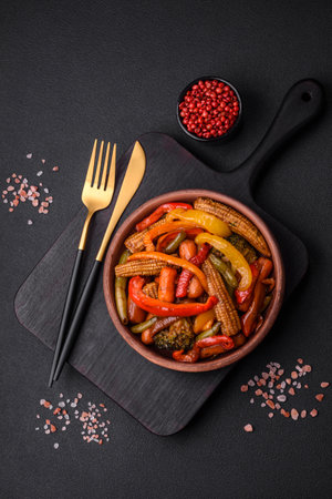 Mix of vegetables corn, carrots, peppers, broccoli, onions in teriyaki sauce on a ceramic plate on a dark concrete backgroundの写真素材