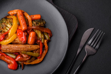Mix of vegetables corn, carrots, peppers, broccoli, onions in teriyaki sauce on a ceramic plate on a dark concrete backgroundの写真素材