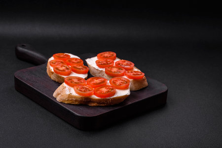 Delicious crispy grilled toast with cheese and cherry tomatoes on a dark concrete backgroundの写真素材