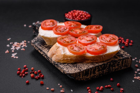 Delicious crispy grilled toast with cheese and cherry tomatoes on a dark concrete backgroundの写真素材