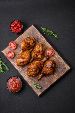 Delicious grilled chicken legs with spices and herbs in teriyaki sauce on a dark concrete backgroundの写真素材