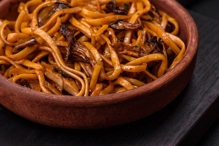 Delicious noodles or udon with mushrooms, salt, spices and herbs on a ceramic plate on a dark concrete backgroundの写真素材