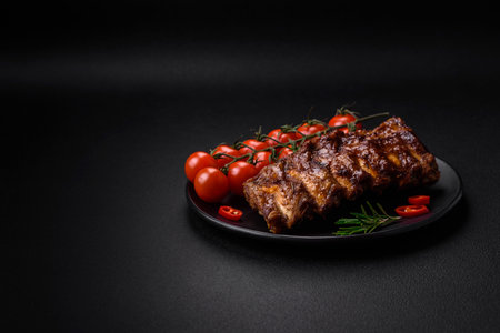 Delicious grilled pork ribs with sauce, spices and herbs on a dark concrete backgroundの写真素材