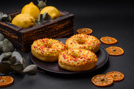 Delicious fresh donuts in yellow glaze with lemon flavor filling on textured concrete backgroundの写真素材