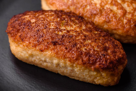 Delicious fried cutlets or meatballs from minced fish with spices and herbs on a dark concrete...