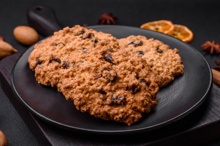 Delicious baked oatmeal raisin cookies on a dark concrete background. Sweets for breakfastの写真素材