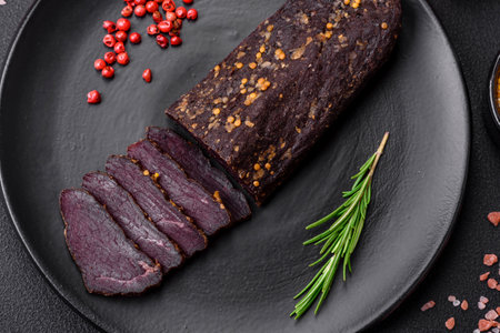Delicious smoked Armenian basturma with spices and herbs sliced on a dark concrete backgroundの写真素材