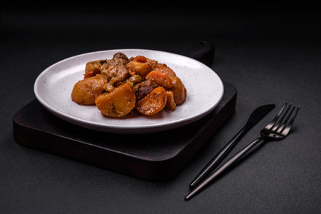 Delicious fresh cooked stew with pork meat or beef with potatoes, carrots, spices and herbs on a...