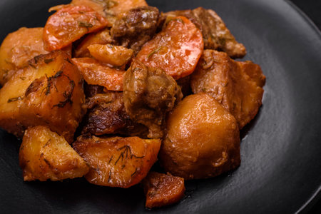 Delicious fresh cooked stew with pork meat or beef with potatoes, carrots, spices and herbs on a dark concrete backgroundの写真素材