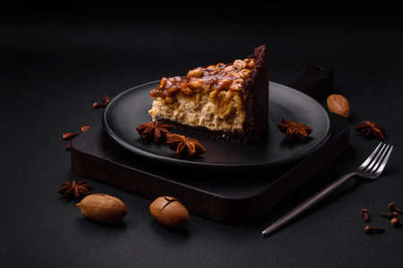 Delicious fresh cheesecake cake or snickers with cream and nuts on a ceramic plate on a dark concrete backgroundの写真素材