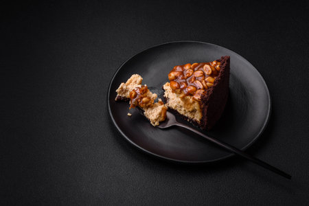 Delicious fresh cheesecake cake or with cream and nuts on a ceramic plate on a dark concrete backgroundの写真素材