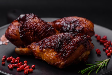 Delicious grilled chicken legs with spices and herbs in teriyaki sauce on a dark concrete backgroundの写真素材